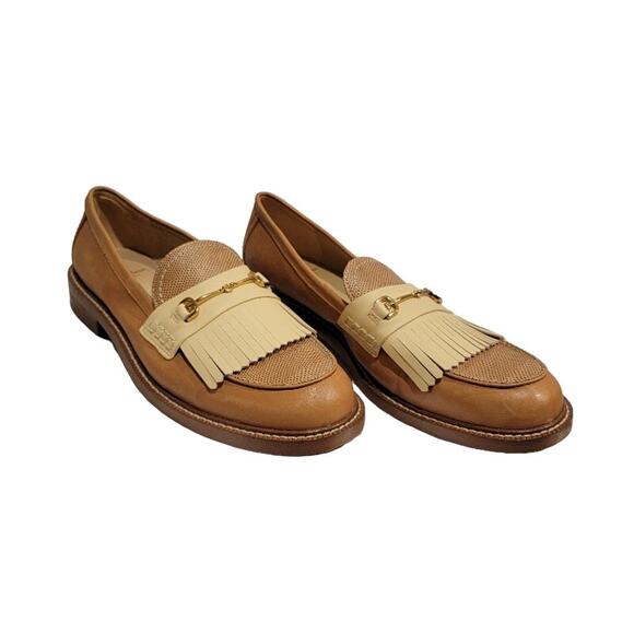 Sam Edelman Loafers Women's Leather Sz 9.5 Slip On Shoes Tan Fringe Gold - Picture 2 of 12